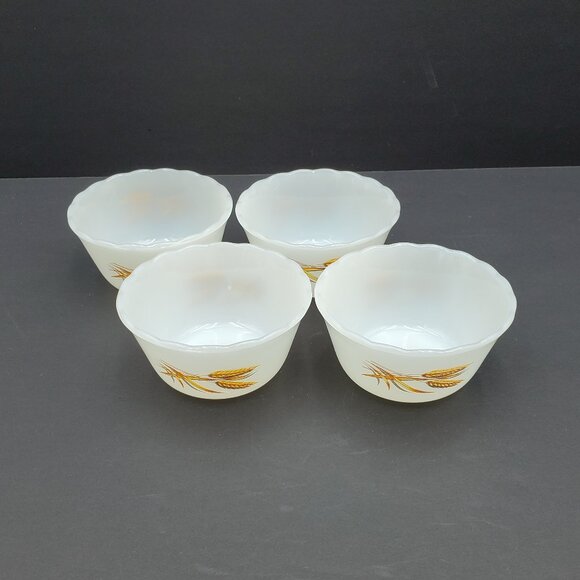 Anchor Hocking White custard Bowls with Gold Wheat Design - Picture 2 of 6